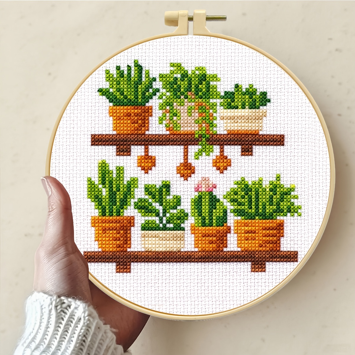 TEMU Un kit de punto de cruz estampado con macetas de plantas verdes, un kit a adecuado para principiantes adultos, que tela, instrucciones y agujas.