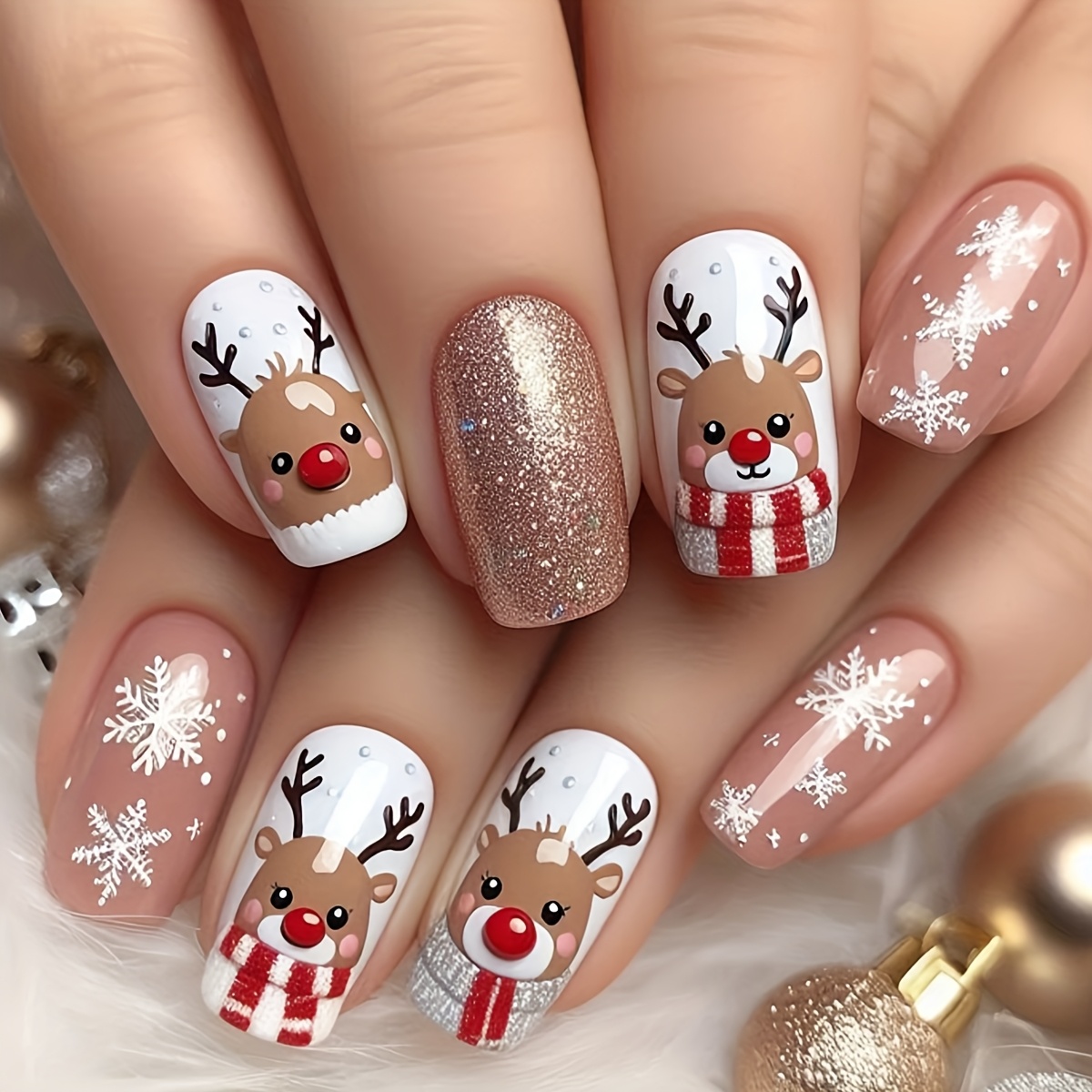 Image of 24pcs Christmas Nail Square Cartoon Reindeer Antler Snowflake Glitter Decoration Design Full Coverage Press False Nails, Suitable For Women's Holiday Party Nail Decoration