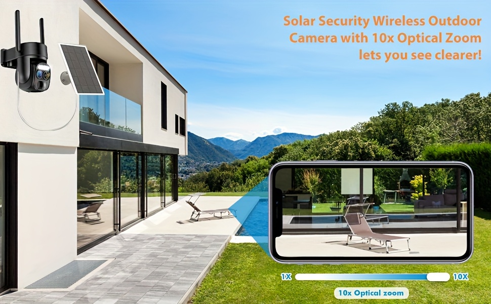 كاميرا أمان لاسلكية خارجية من Hawkray 2.4G WIFI تعمل بالطاقة الشمسية، مع صوت ثنائي الاتجاه مع إضاءة فلاش وإنذار PIR للكشف عن الحركة، تكبير 10X، دقة 2K، تحكم بانورامي بزاوية 360 درجة.