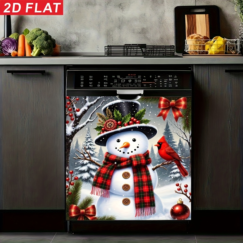 TEMU 1pc, Autocollant magnétique plat 2D pour lave-vaisselle, de neige de Noël, d'hiver , Thème de compagnonnage de de neige et de cardinal, Convient