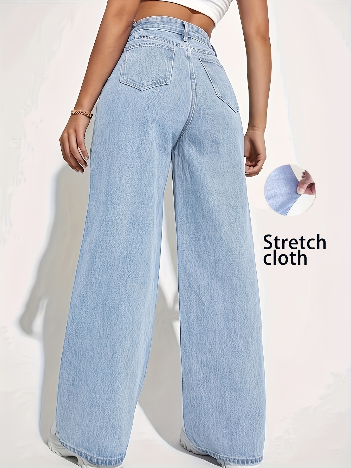 Women's Stretch Denim Straight-Leg Jeans - Light Blue Casual High-Waisted Washed Blue Comfort Fit for Casual Attire