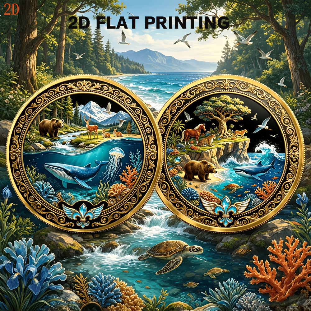 TEMU Replica Coin 2d Flat Print Commemorative Coin, 1pc, Alloy Material, Featuring The Theme Of "symbiosis Of Land And Sea: Wonderland." Suitable For