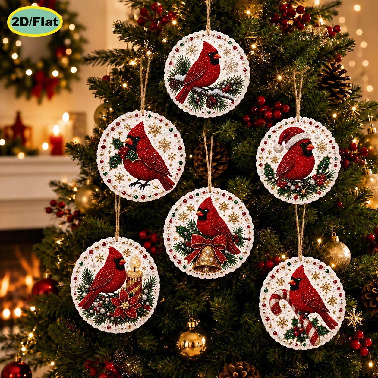 TEMU 6pcs 6pcs Christmas Bird Diy Wooden Ornament Craft Kit With Round Diamonds - Pre-printed Suitable For Xmas Tree Hanging Decor, Window Scenes,