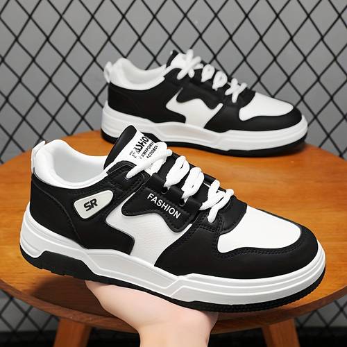 1pair mens block skateboard shoes comfortable non slip casual athletic sneakers for outdoor activities low top lace up with pu upper fabric inner pvc sole cloth insole