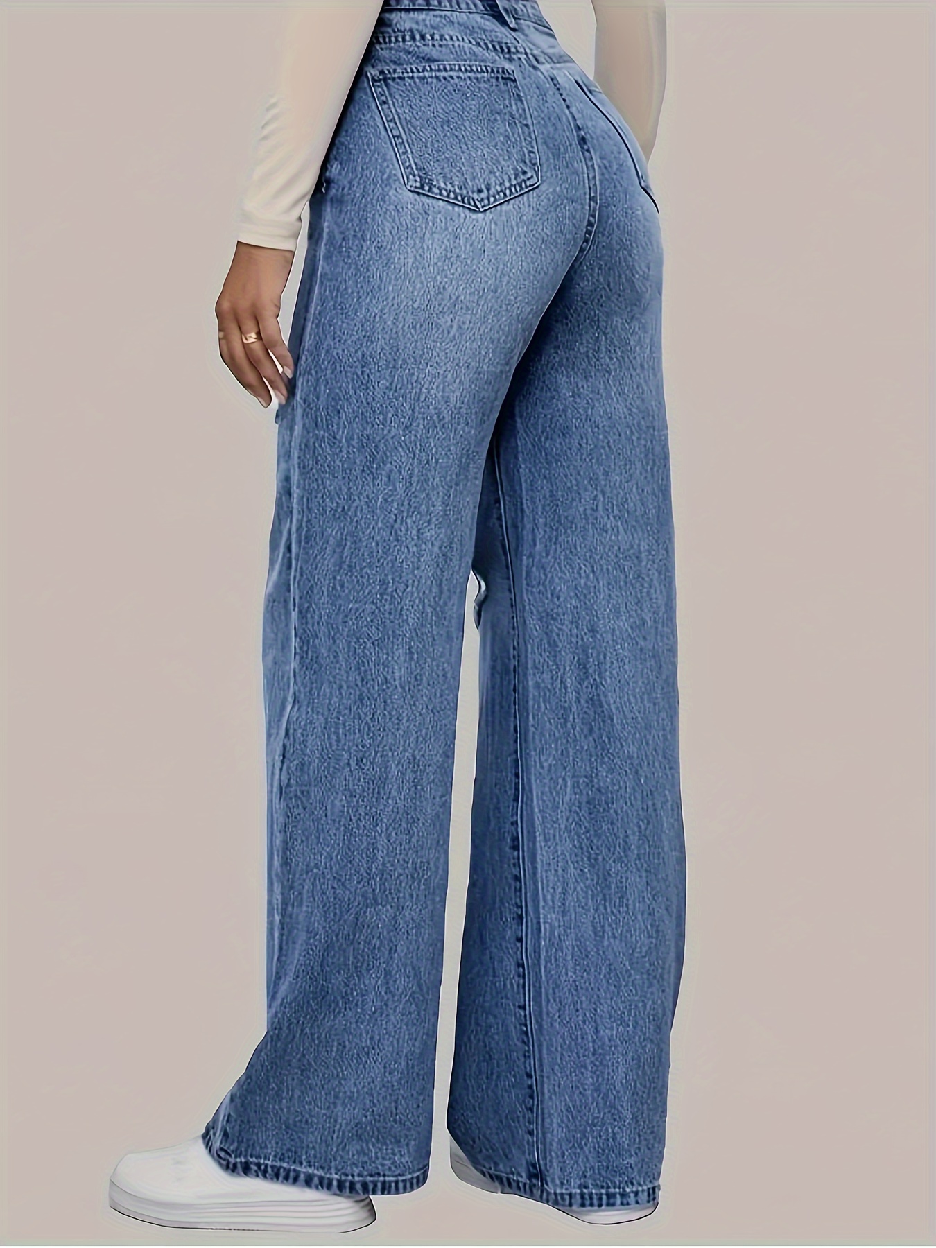 Casual Plain Ripped Denim Jeans, High Rise Button Fly Loose Fit Denim Pants, Women's Denim Jeans & Clothing