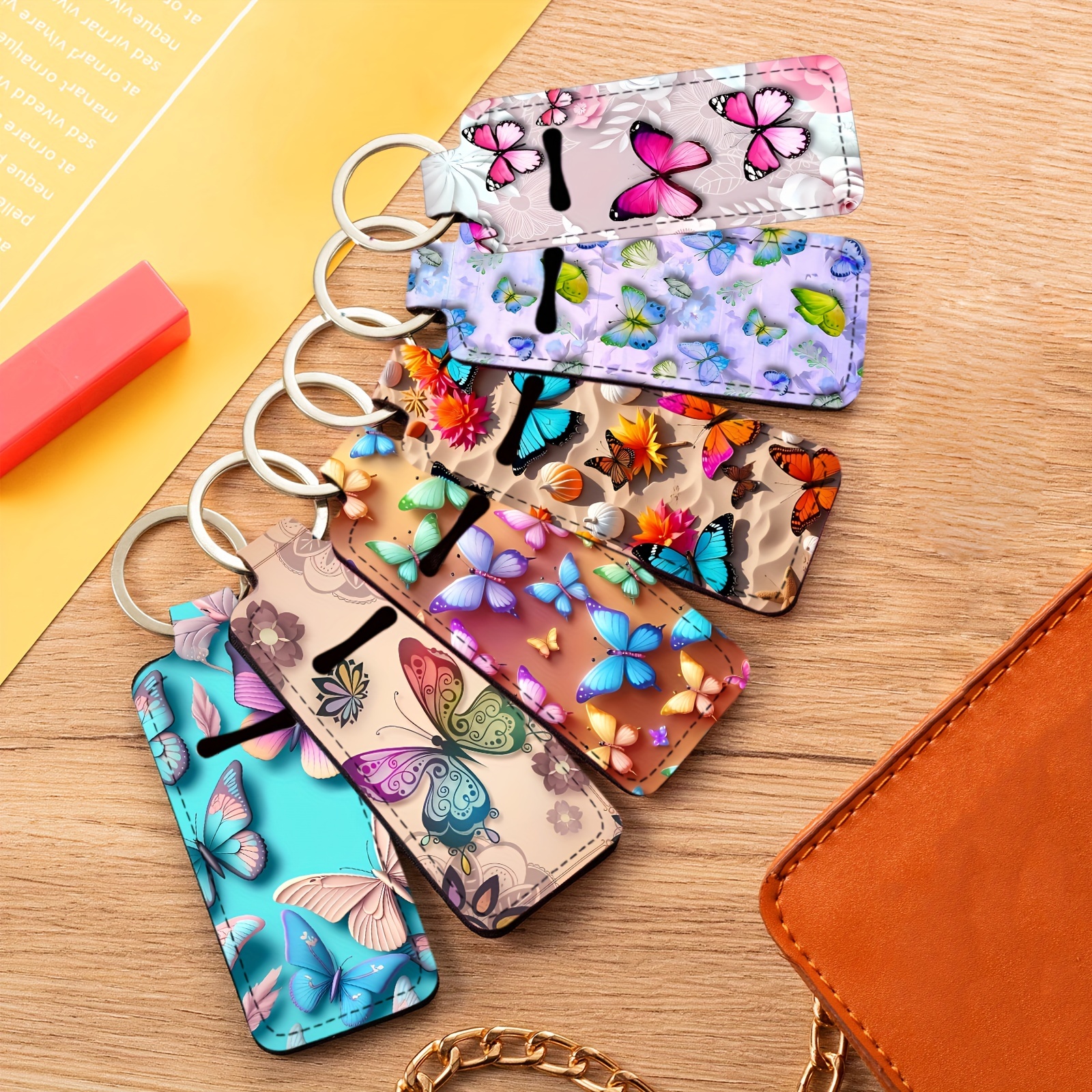 

6-piece Set Butterfly Lip Balm Holder Keychain For Women, Stainless Steel And Fabric Keyring, Lipstick Holder, Travel And Outdoor Accessories