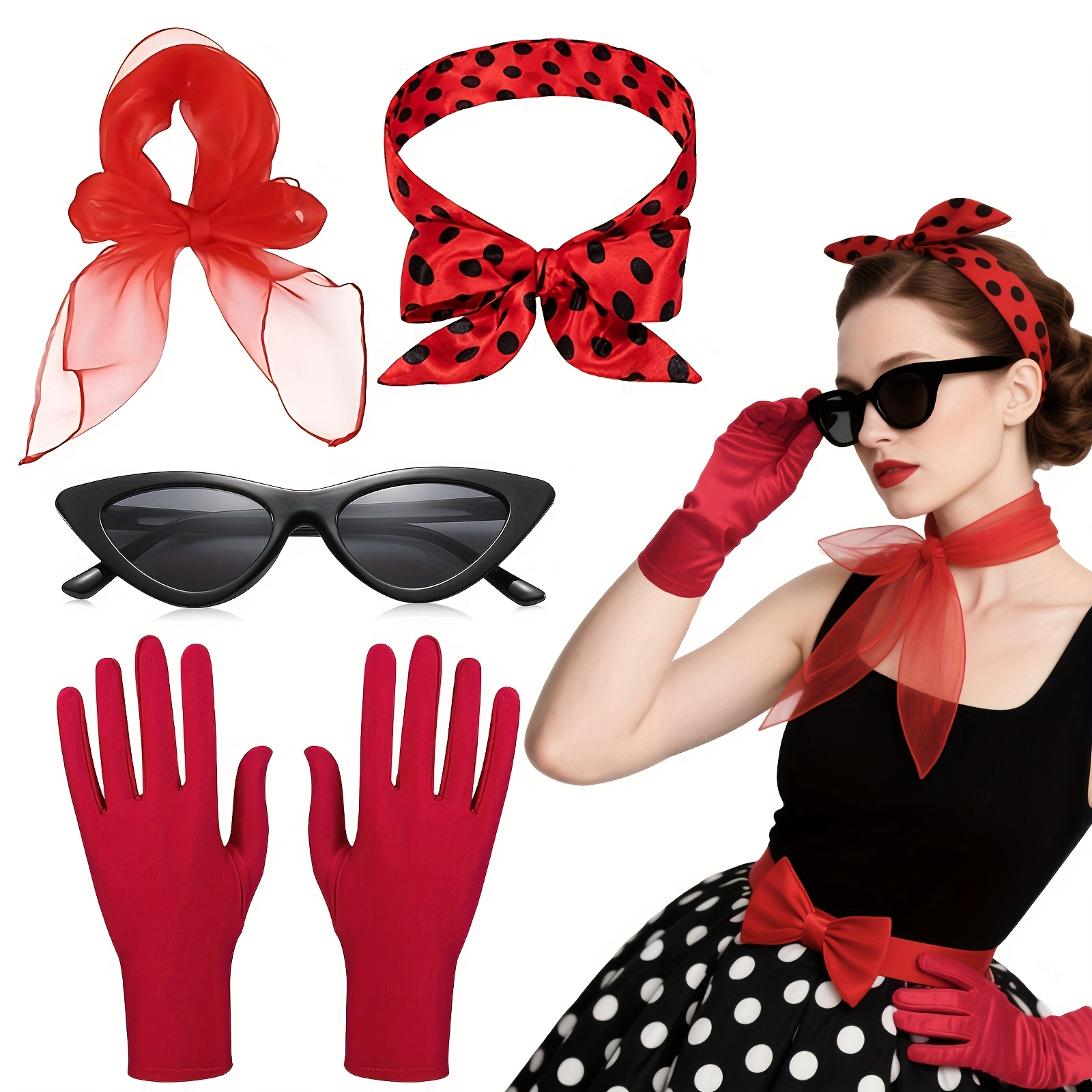 50's fancy dress ladies 4pcs 50s Costume Accessories Set for Women, Retro 1950s Scarf Cat Eye Glasses Polka Dot Headband Glove for Women 50s Theme Party Halloween Cosplay Up 50s outfits for ladies with jeans