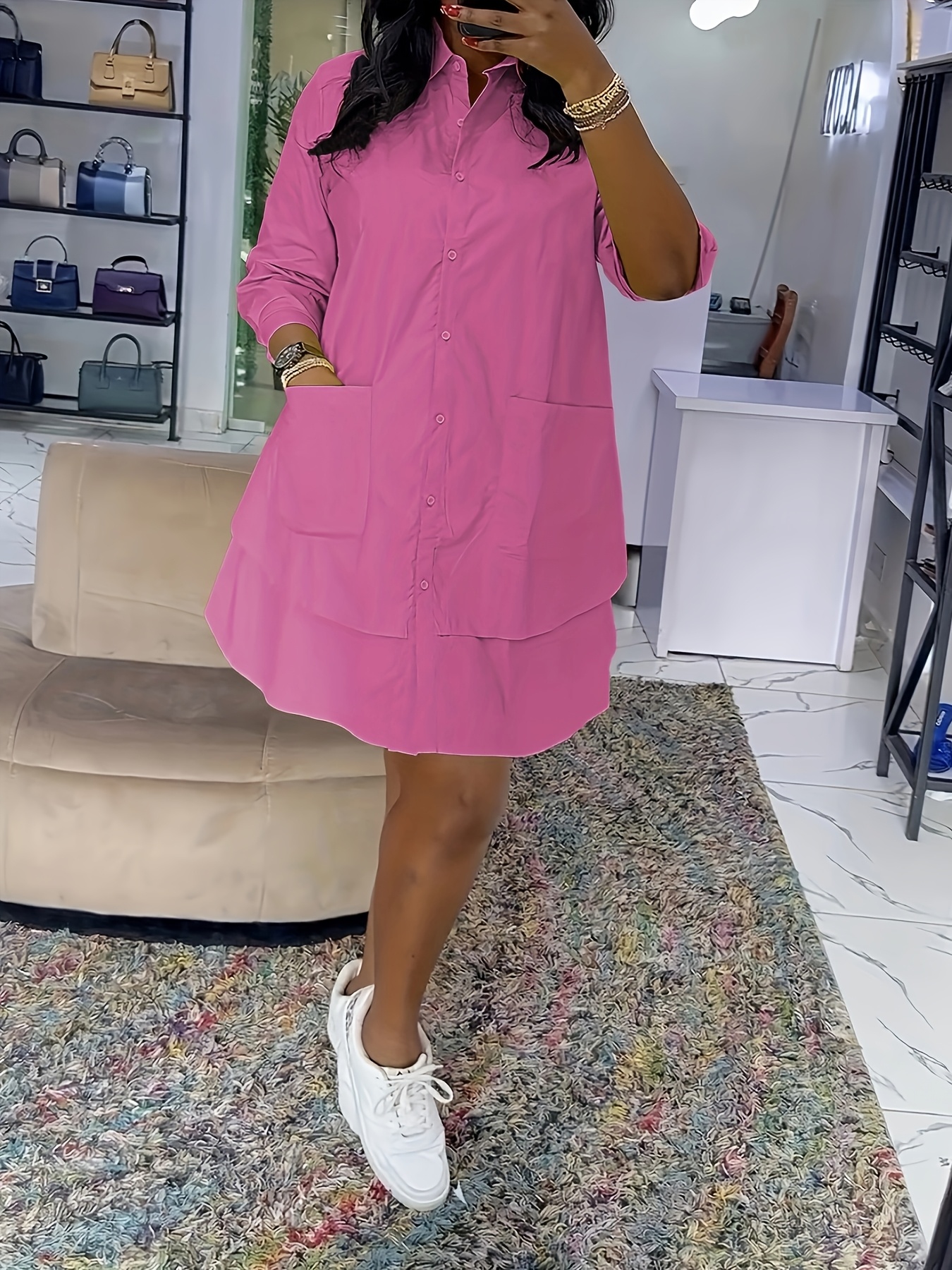 elegant womens solid color asymmetrical shirt dress pockets - Temu United  Arab Emirates