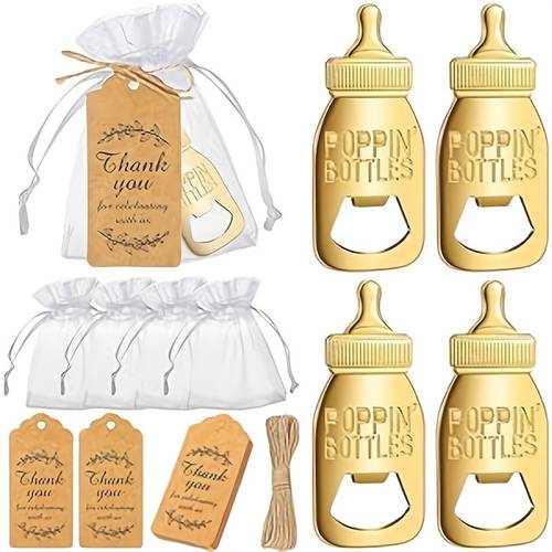 24 sets popping bottle openers shower return favors for guests bottle opener decorations and souvenirs with organza bags thank you tags for theme party favors