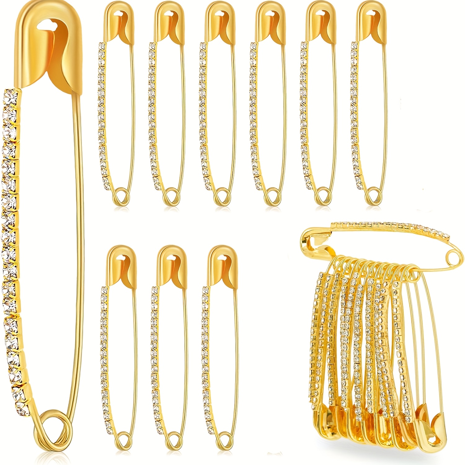 E-shop Set mit 10 goldenen Sicherheitsnadeln, gestaltet als Broschen, zum Befestigen von Pullovern, Schals und anderen Accessoires. Diese