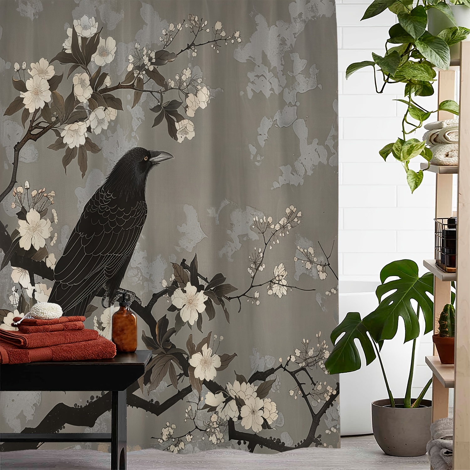 

1pc Rustic Bird & Crow Floral Print Waterproof Shower Curtain, 72x72 Inches, With 12 Hooks, Vintage Home Bathroom Decor
