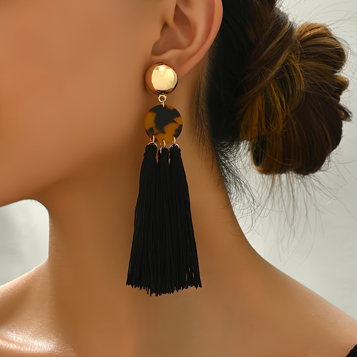Fashionable And Elegant Tassel Leopard Print Acetate Panel Earrings, Simple Vintage Style