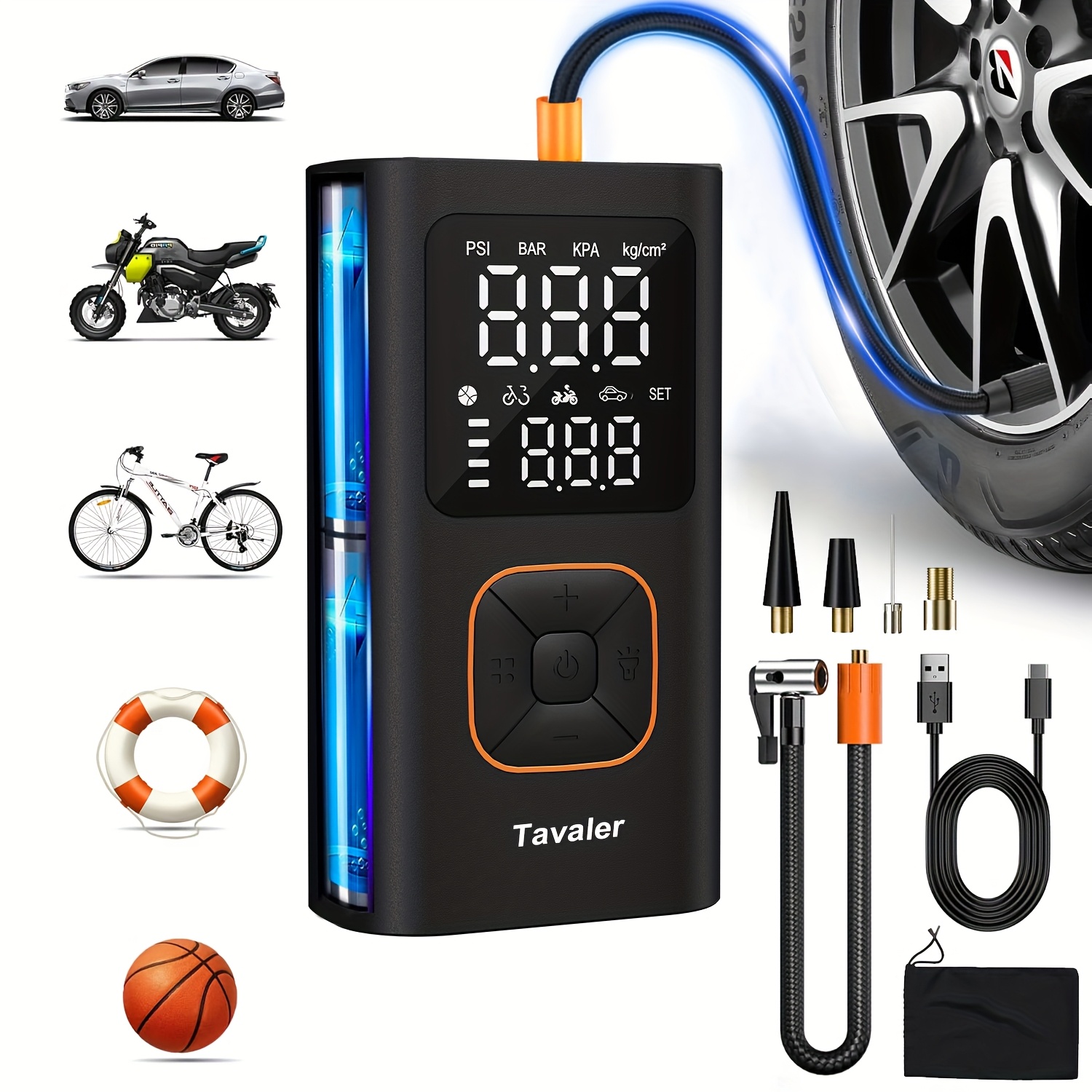 Tavaler Portable Cordless Air Compressor Tire Inflator, Rechargeable Battery Powered, Lcd Digital Display 4 Units, Operation, Fast Inflate For Bicycle Tires, Balls, Vehicle Tires