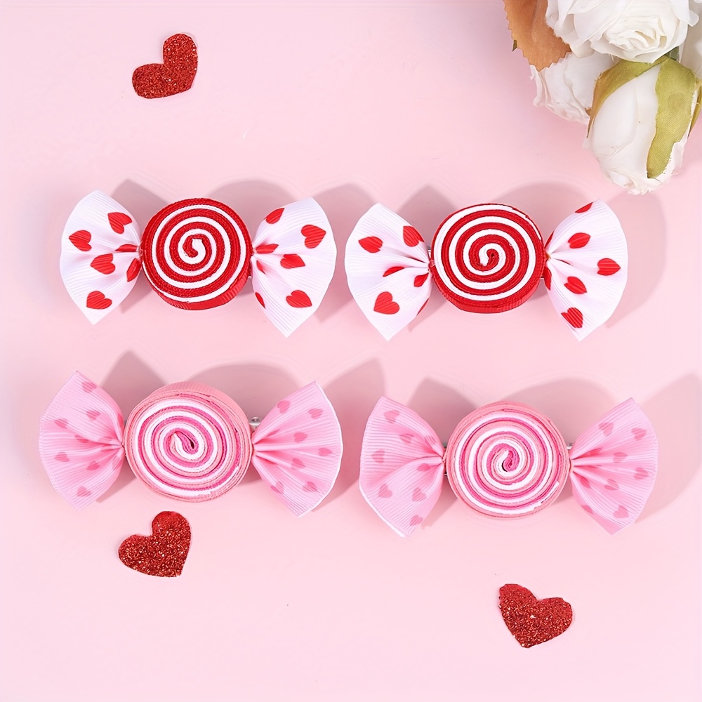 Image of 4pcs Women's Candy-shaped Hair Clips With Heart Pattern - Red & Spiral Design, Soft Fabric Hair Accessories For Valentine's Day, Birthday