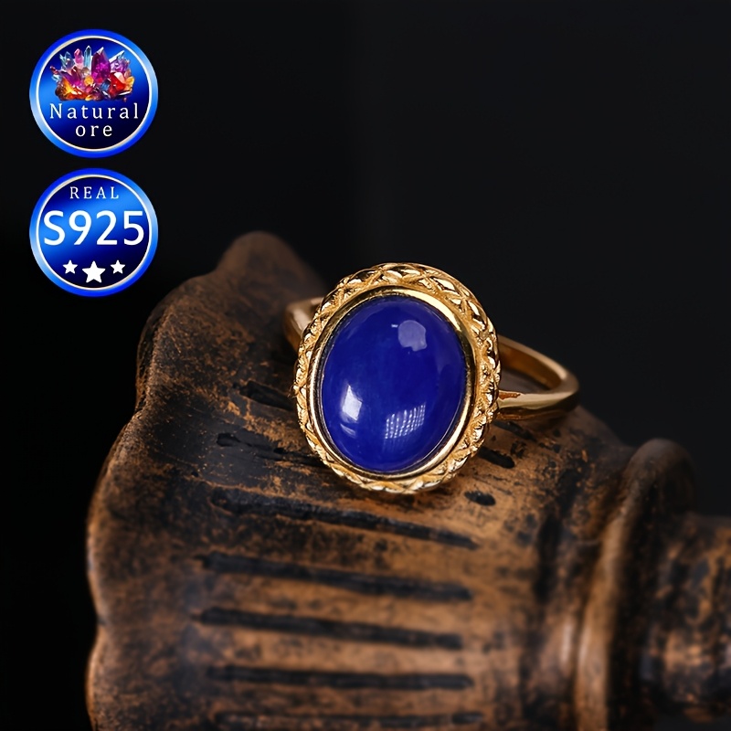 Natural Stone Ring S925 Silver Lapis Lazuli Vintage Gift