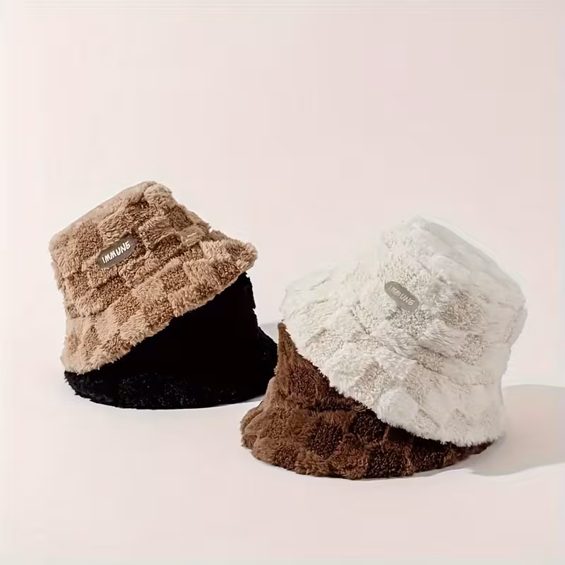 thickened and flannel style unisex trendy versatile sunshade bucket hat with plaid pattern sun hat for christmas new year gift Product details 1