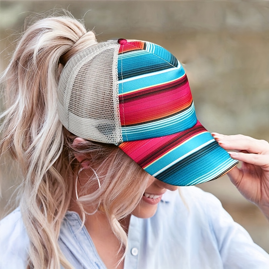 

Women's Striped Ponytail Baseball Cap, Adjustable Mesh Trucker Hat With Criss-cross Elastic Back, Casual Spring/summer Peaked Cap