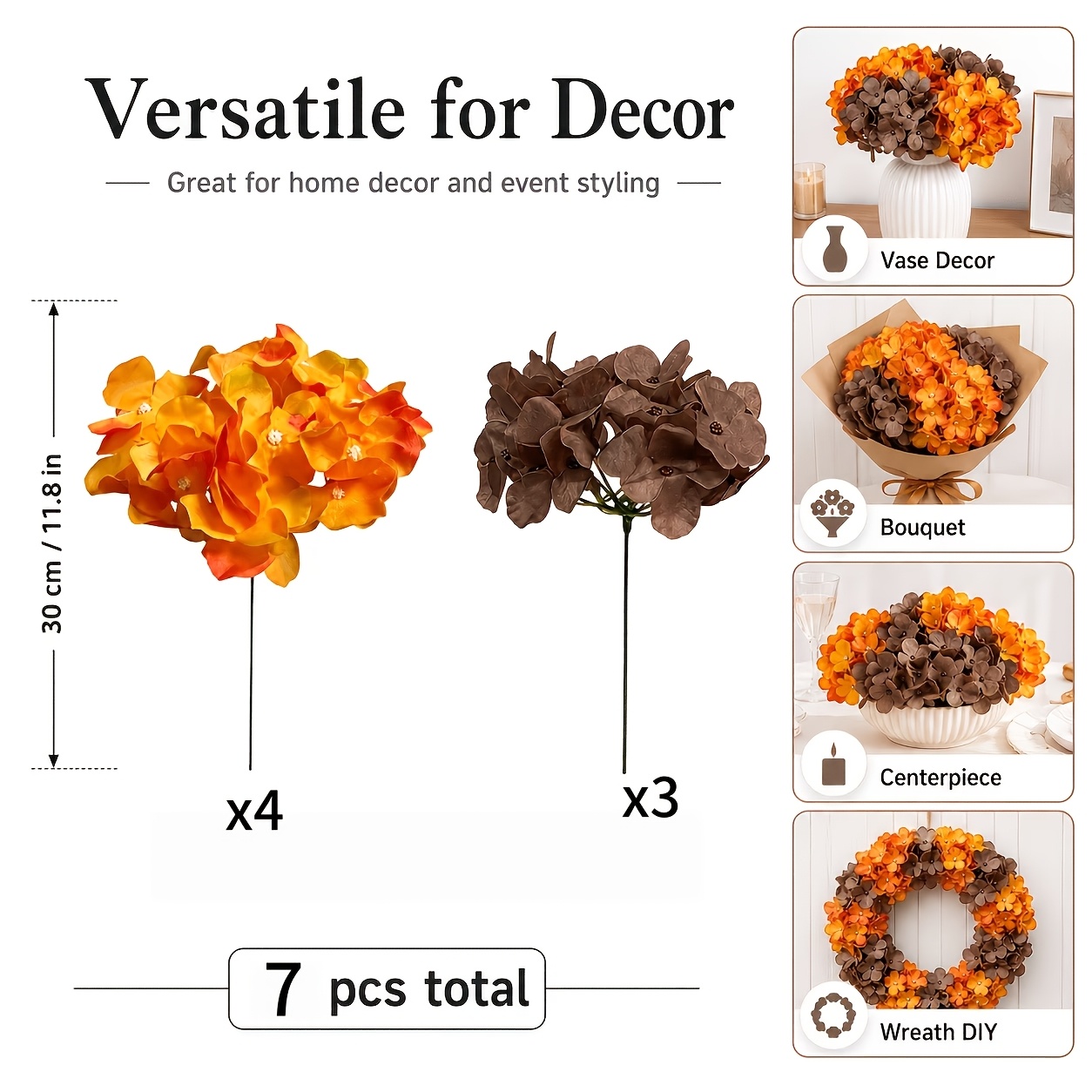 TEMU Ramo de hortensias artificiales de de 7 , naranja + marrón, con , cabezas de flores grandes de para decoración floral, bolas de flores llenas y
