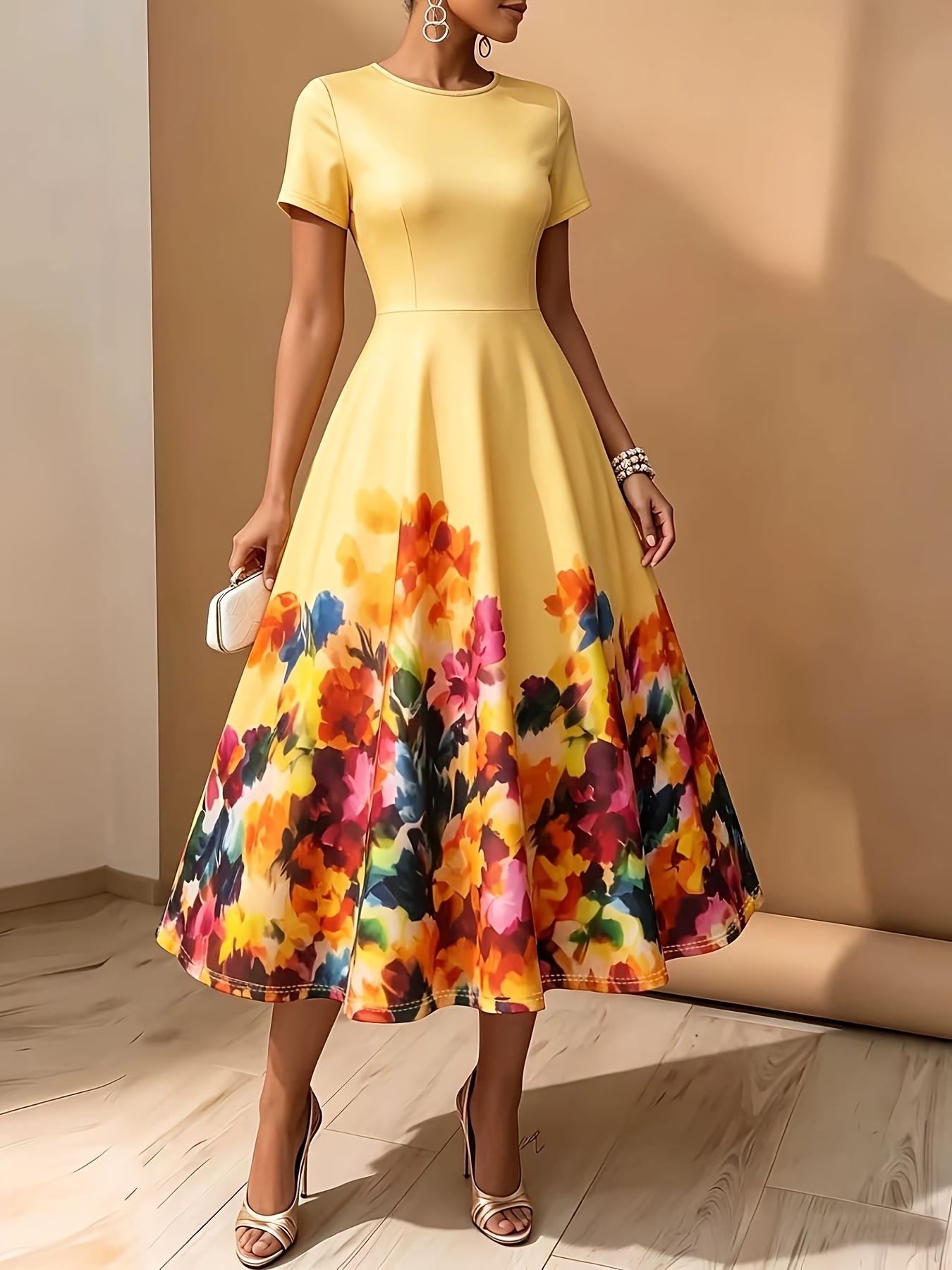 plus size - plus size - 2026 neues damenmode in großen größen, elegantes retro-gelb-blumen-kurzarm-satin-kleid mit rundhalsausschnitt und ausgestelltem rock