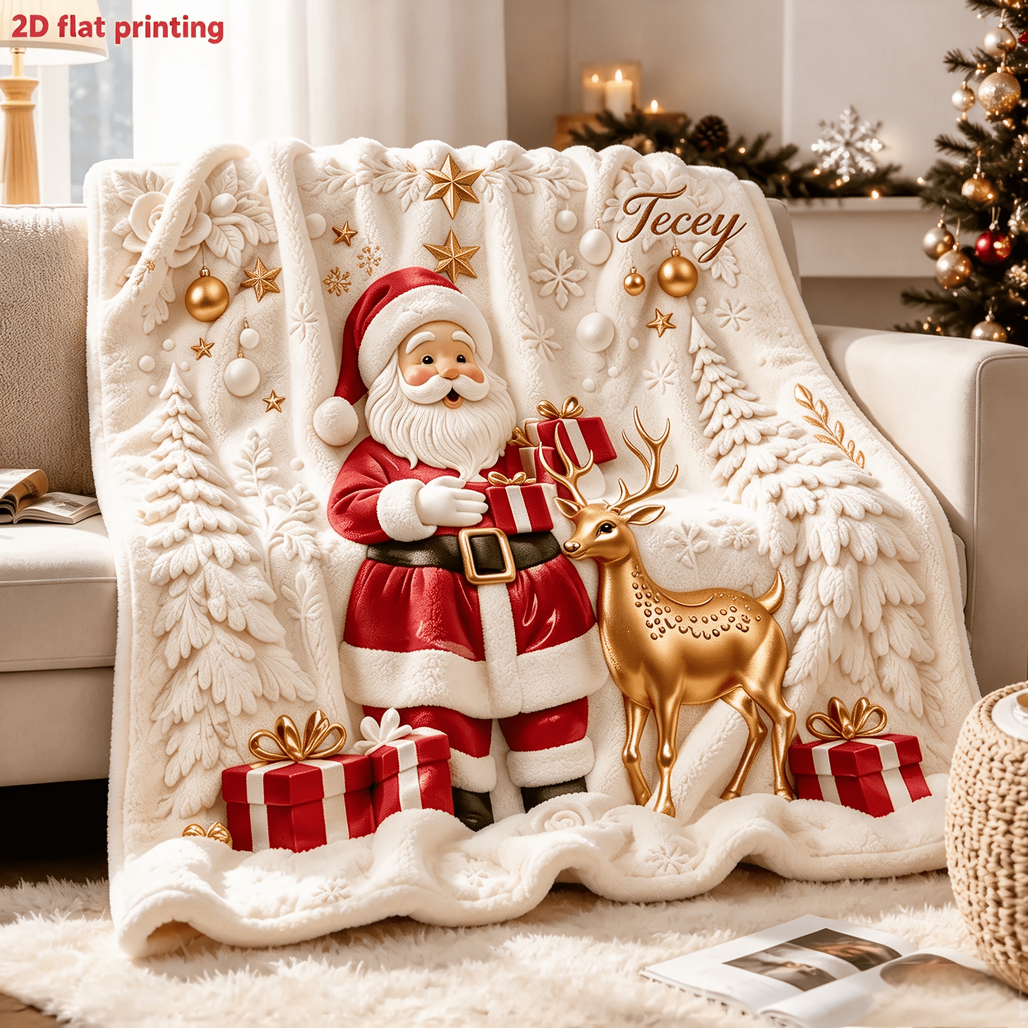 TEMU 2d Flat 1pc Santa Claus And Reindeer Printed Plush Blanket- Festive Design, Comfortable And Warm, Suitable For Sofas, Couch Cushions, Beds, And