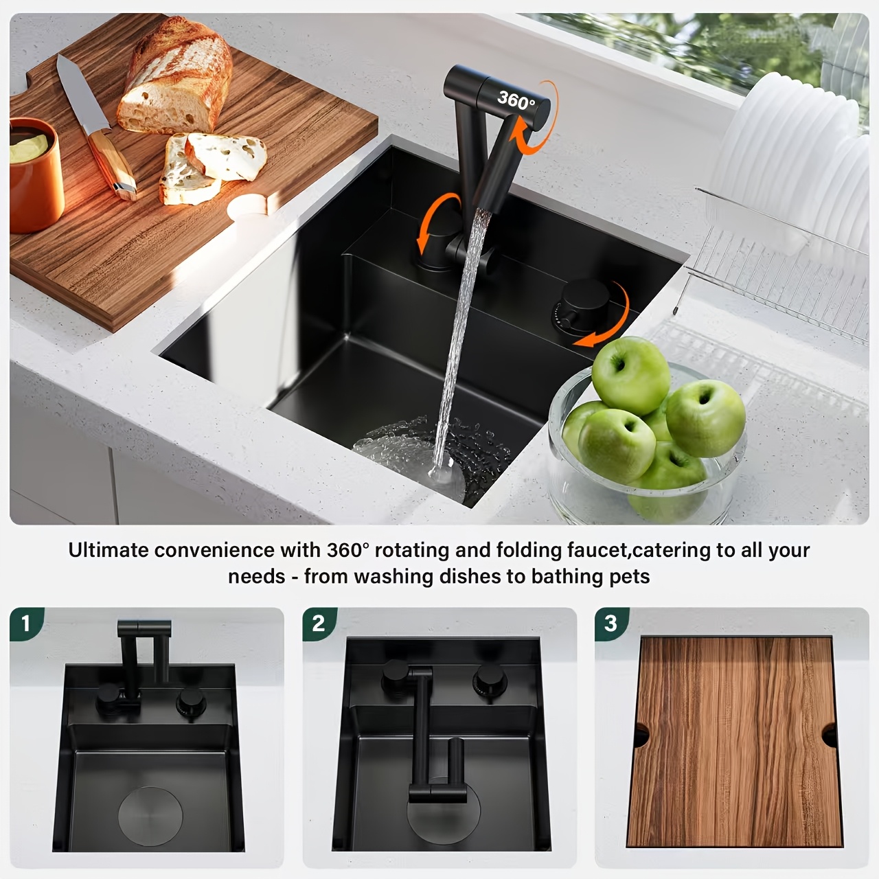 Folding RV Sink Combo With 360° Rotatable Hot/Cold Faucet & Tempered Glass Lid – Undermount Drop-in For Campers, Boats & Food Trucks (15x11 Inch)