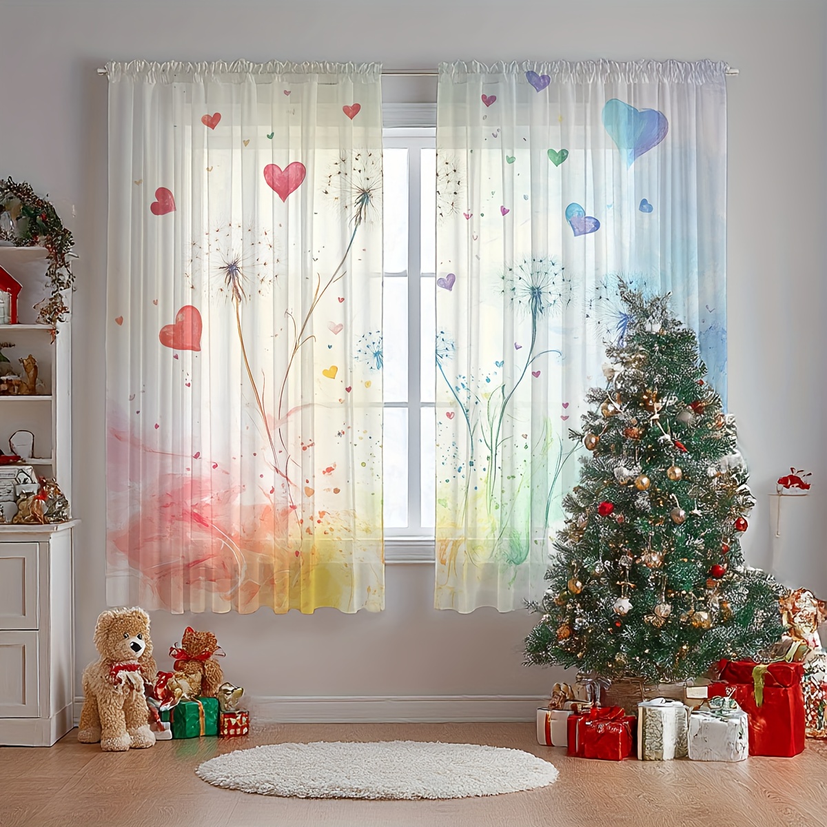 TEMU Festtags, Geschenk, Hochzeitsdekoration Fensterbehang, 2 Stück Halbtransparente Vorhänge, Traumhafte Aquarell Löwenzahn Herz Vorhänge Gemütliche