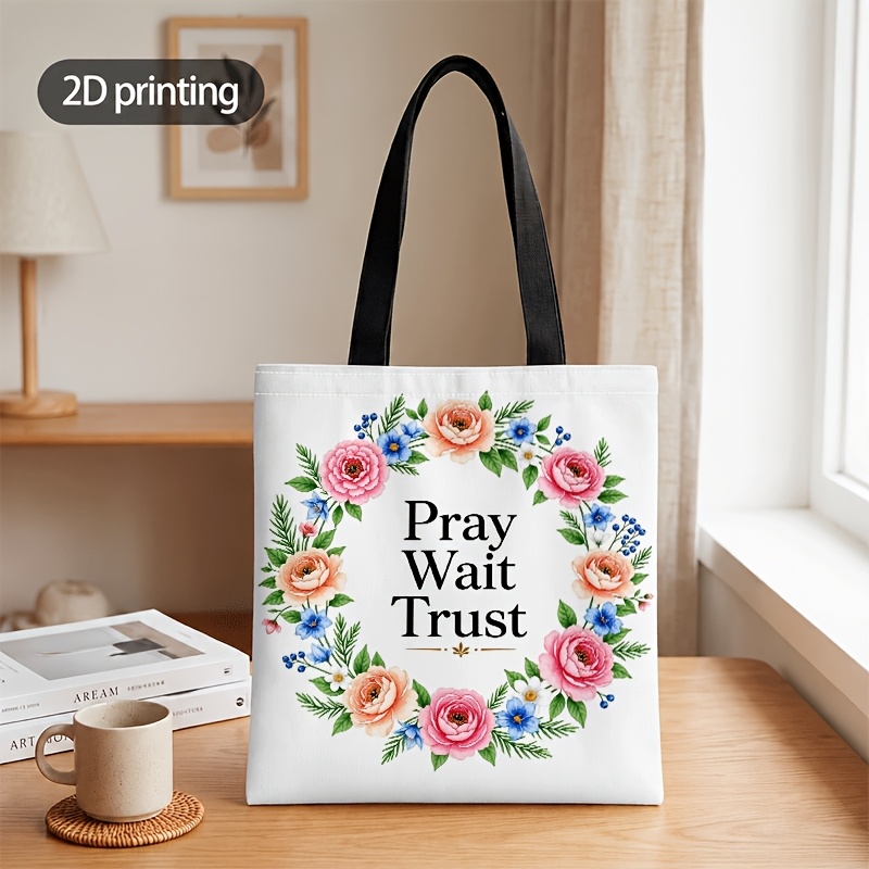 TEMU 2d Flat Crossbody And Handbag For Men And Women, Unisex Tote Crossbody Bag, 2d Printed Watercolor Floral Wreath With Pray Wait Text