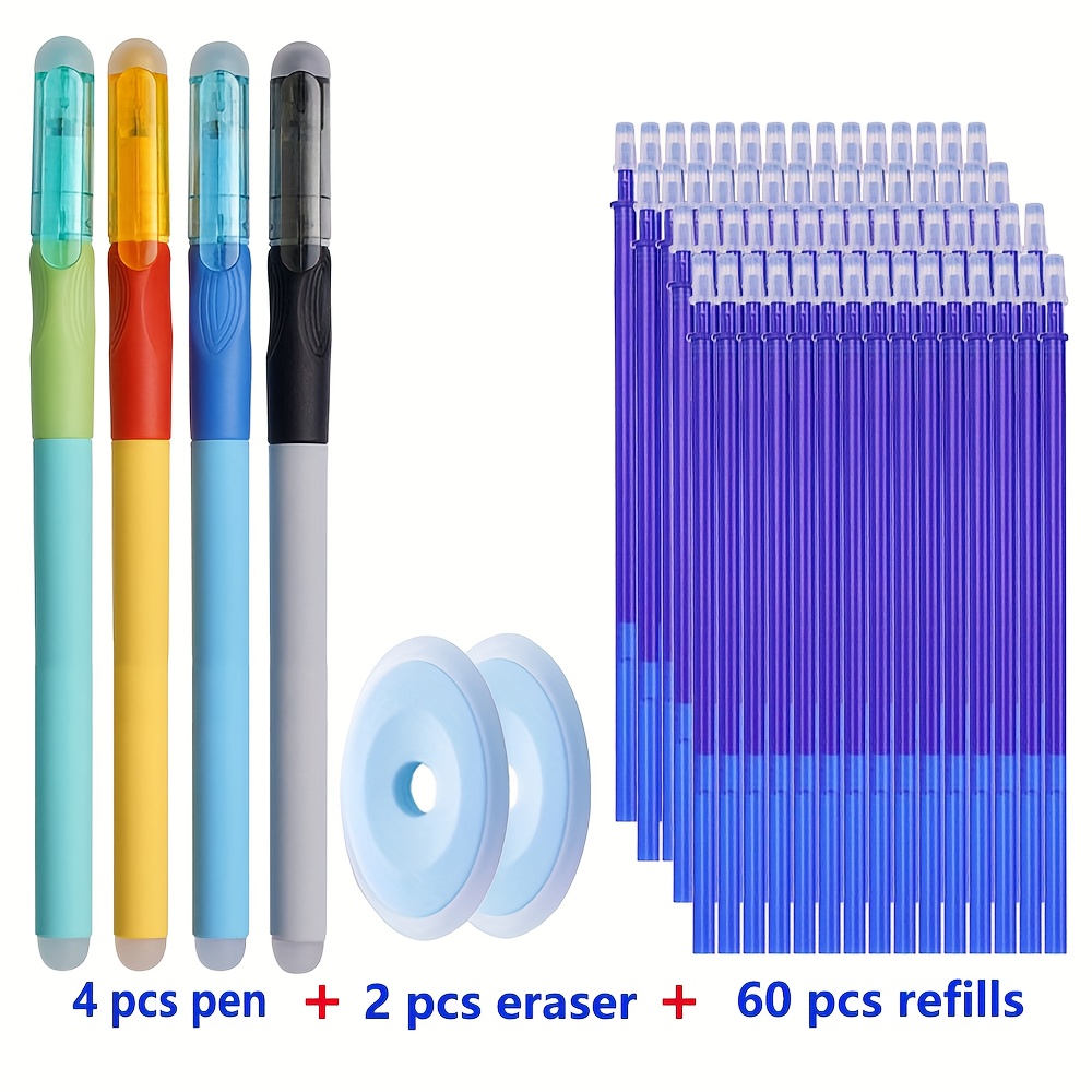 Erasable Gel Pen Set - 66pcs With Refills, Includes 4 Pens, 2 Erasers & 60 Refills - Office & School Supplies