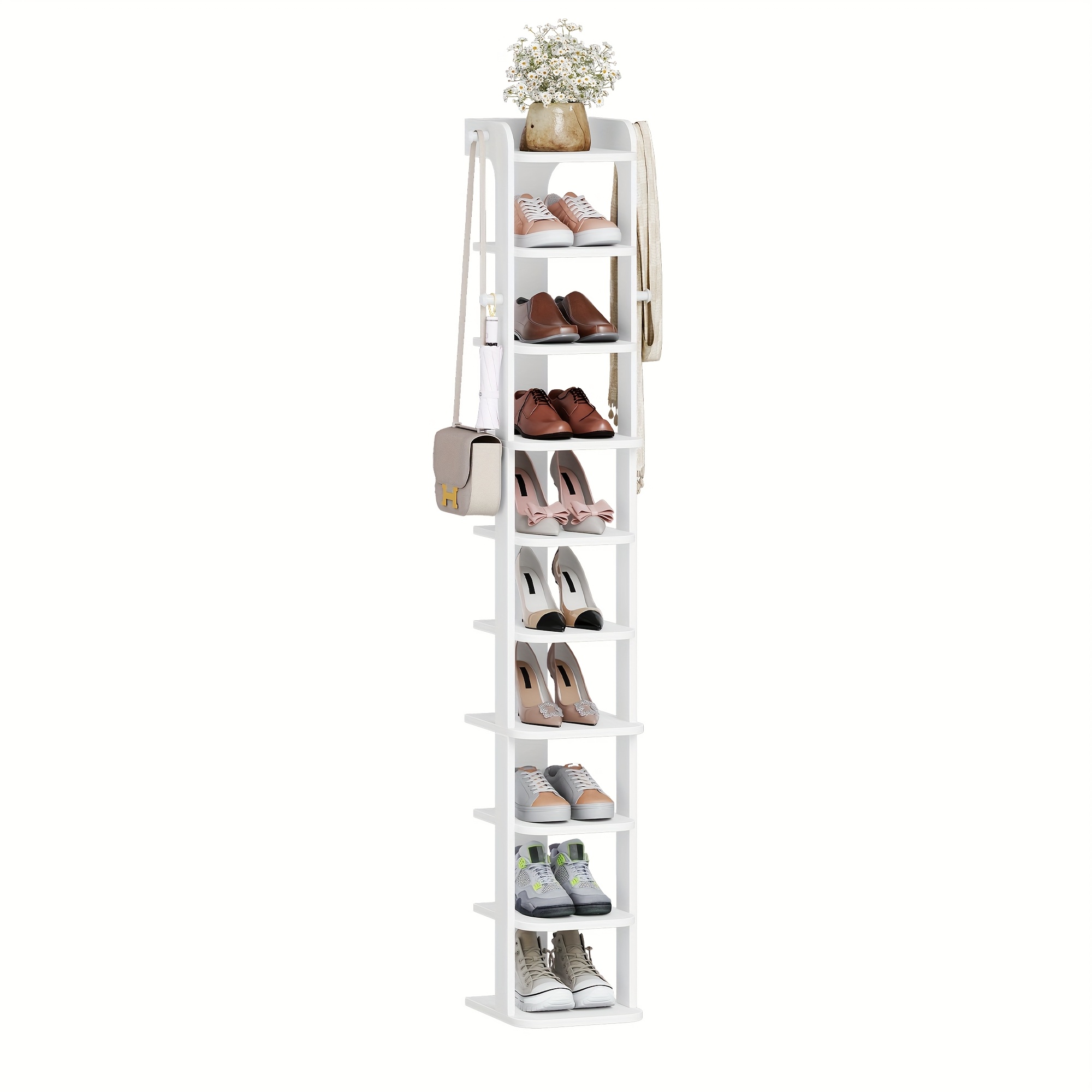 E-shop Schuhregal, 10-Etagen schmales Schuhregal, Holzregale mit Haken, höhenverstellbar, platzsparend für Eingangsbereich, Flur, Wohnzimmer, Weiß