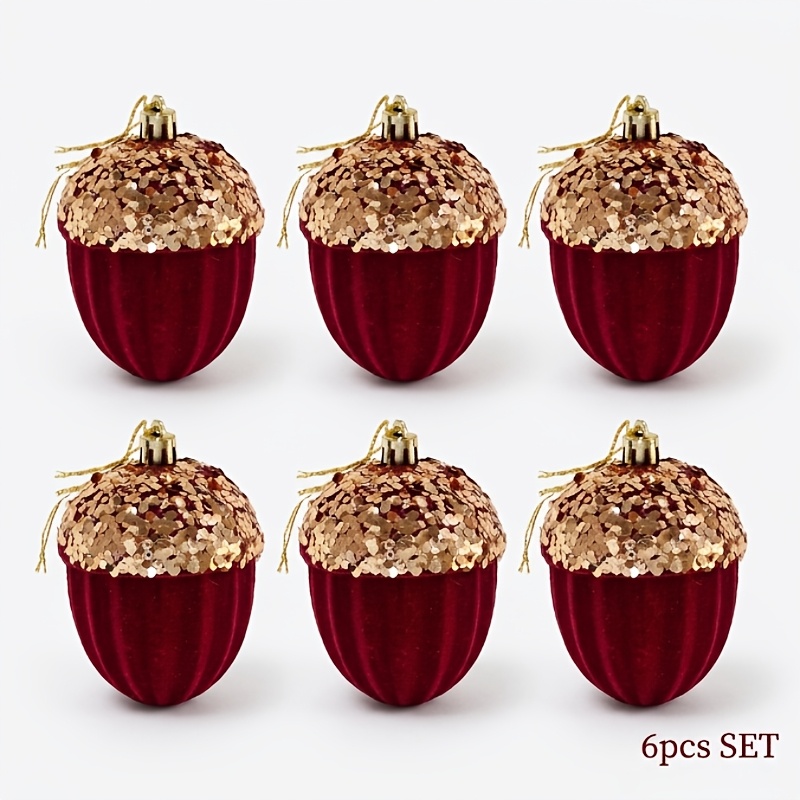 TEMU 2026 New Christmas Tree Ornaments, Spherical Decorations, 6pcs Set, Wine Red With Golden Sequins And Flocking, Featuring Design, Suitable For
