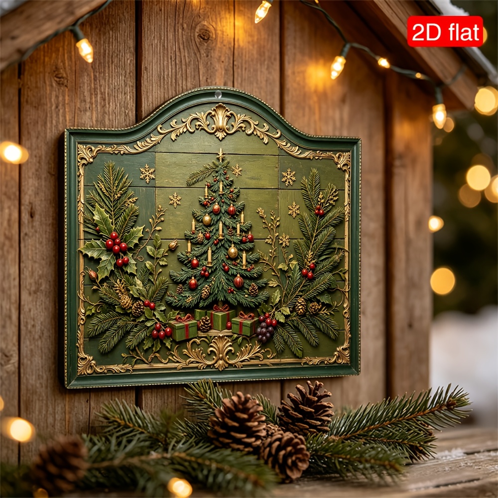 TEMU 2d Flat, 1pc Exquisite Christmas Decorative Painting: Christmas Tree With Festive Elements, European-style Vintage Wooden Doorplate Wall Decor,