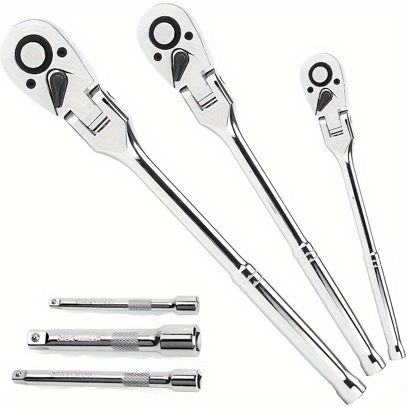 

6pcs Flex-head Ratchet Set, 72-tooth Swivel Wrench, 1/4", 3/8", 1/2" Drive, Steel, With Extension Bars, Eva Foam For Uncharged, No Battery Required