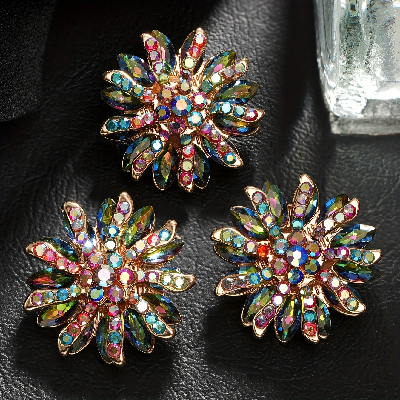 4pcs/lot Flower-shaped Inlaid Colored Rhinestones Three-dimensional High-end Metal Buttons Fur Coat Cardigan Sweater Suit Jacket Women's Coat Decorative Handmade Additions