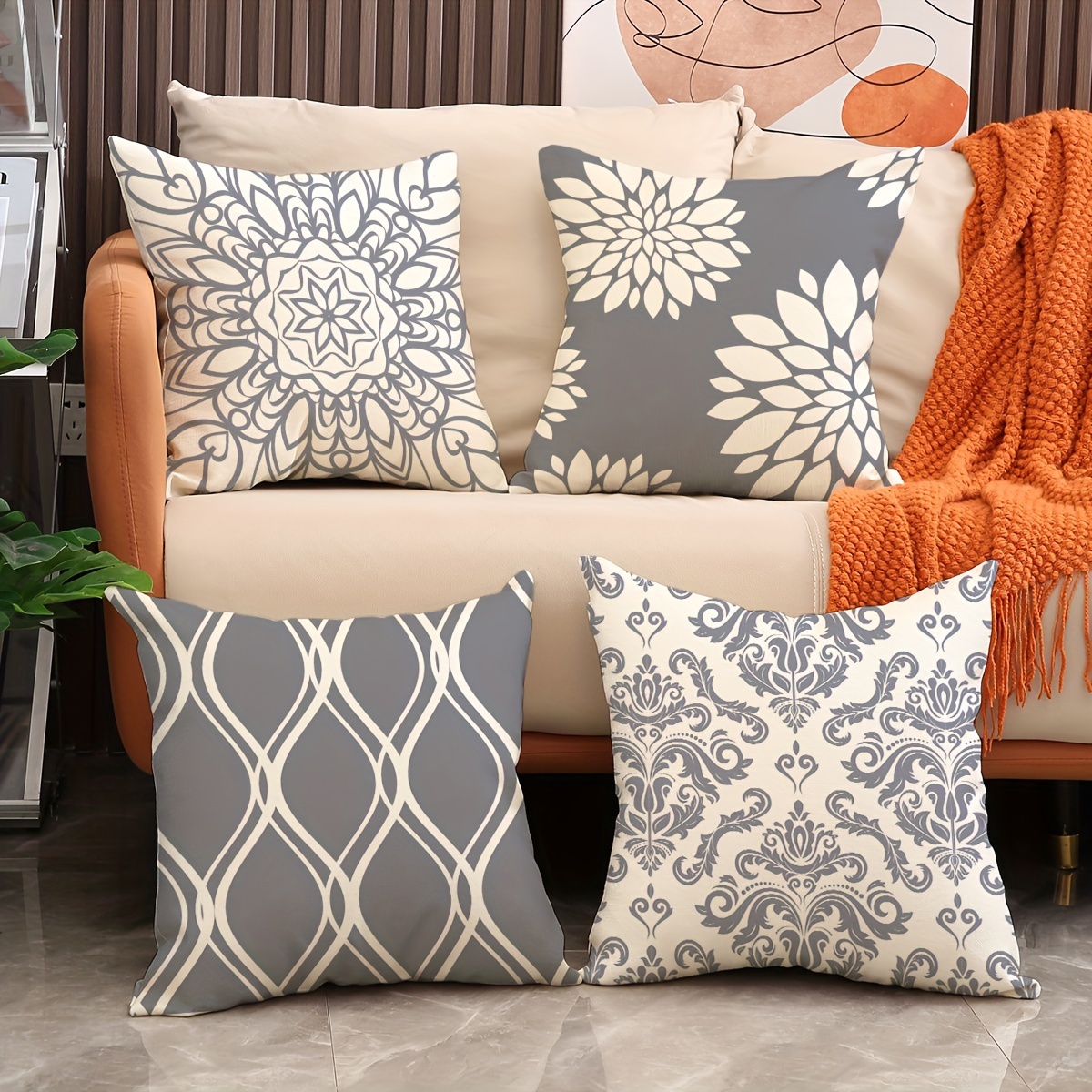 

Set Of 4 Gray Geometric Pattern Pillow Covers For Home Sofa Cushions, Made Of Linen Blend, 18*18 Inches, Pillow Core Not Included.