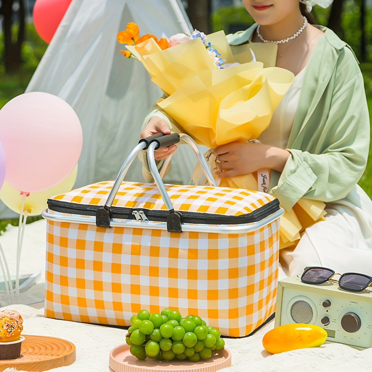 

1pc Portable Insulated Picnic Basket - Yellow, Aluminum Frame, Foldable Food & Drink Cooler For Outdoor Camping And Beach