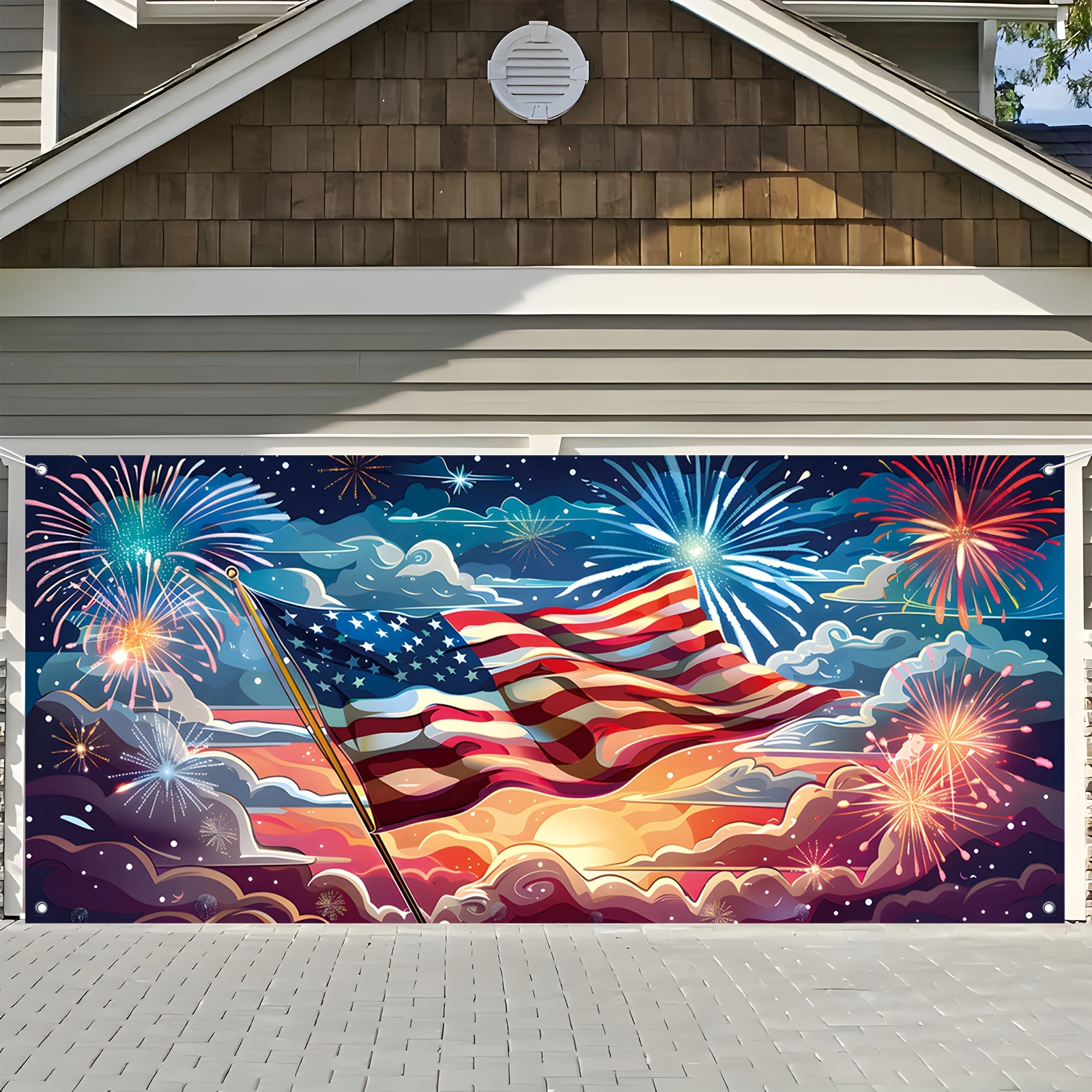

4th Of July Patriotic Garage Door Banner - American Flag & Fireworks Design, Red & Blue, Durable Polyester, 71''x157'', Perfect For Independence Day Outdoor Decor