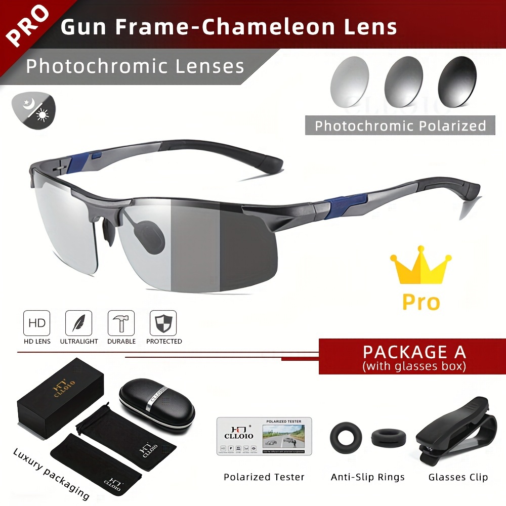 TEMU 8178 Men's Aluminum-magnesium Alloy Photochromic Sunglasses With Sunglasses Case, Sunglasses Bag, Sunglasses Cloth, Card, Sunglasses Clip, Ring