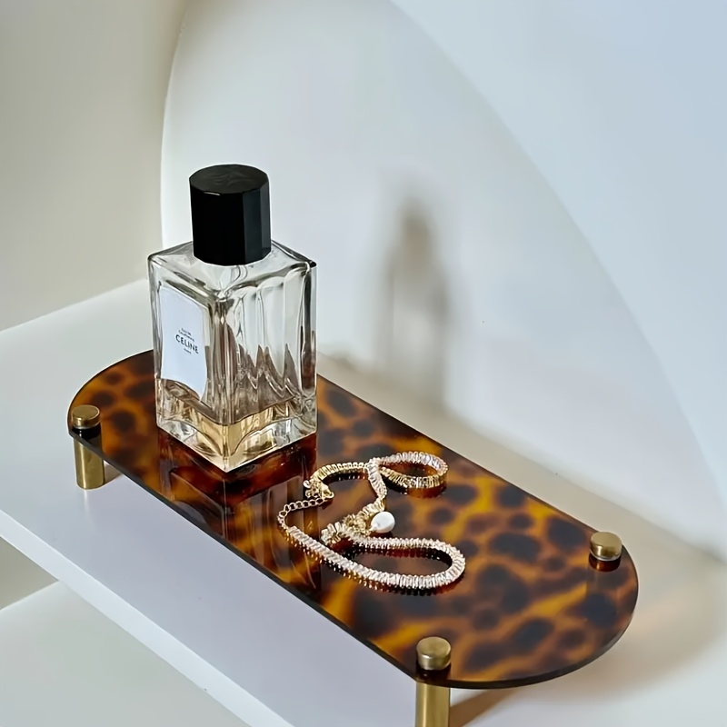 Image of 1pc Elegant French Acrylic Tray - Sea Turtle Leopard Print Design, Brass Accents, Durable Acrylic For Living Room, Bedroom, Entryway Decor - Décor Organizer, Turtle Decor, Bathroom Trays