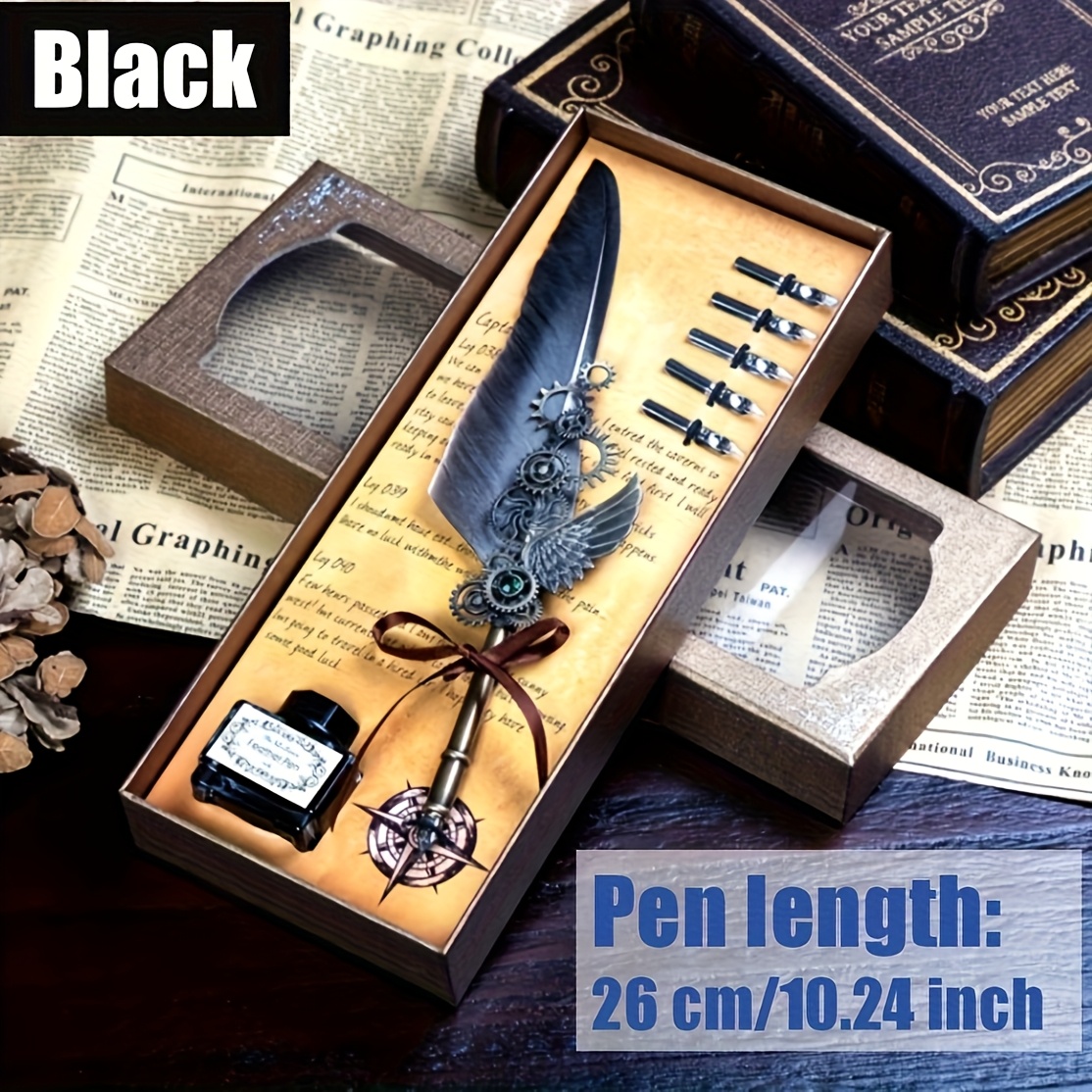 TEMU Premium Mechanical Dip Pen, Vintage Style Calligraphy Pen With Ink Set, Signature Pen 5 Nibs, Gift Box, Wax Seal Artificial Feathers Pen, Ideal