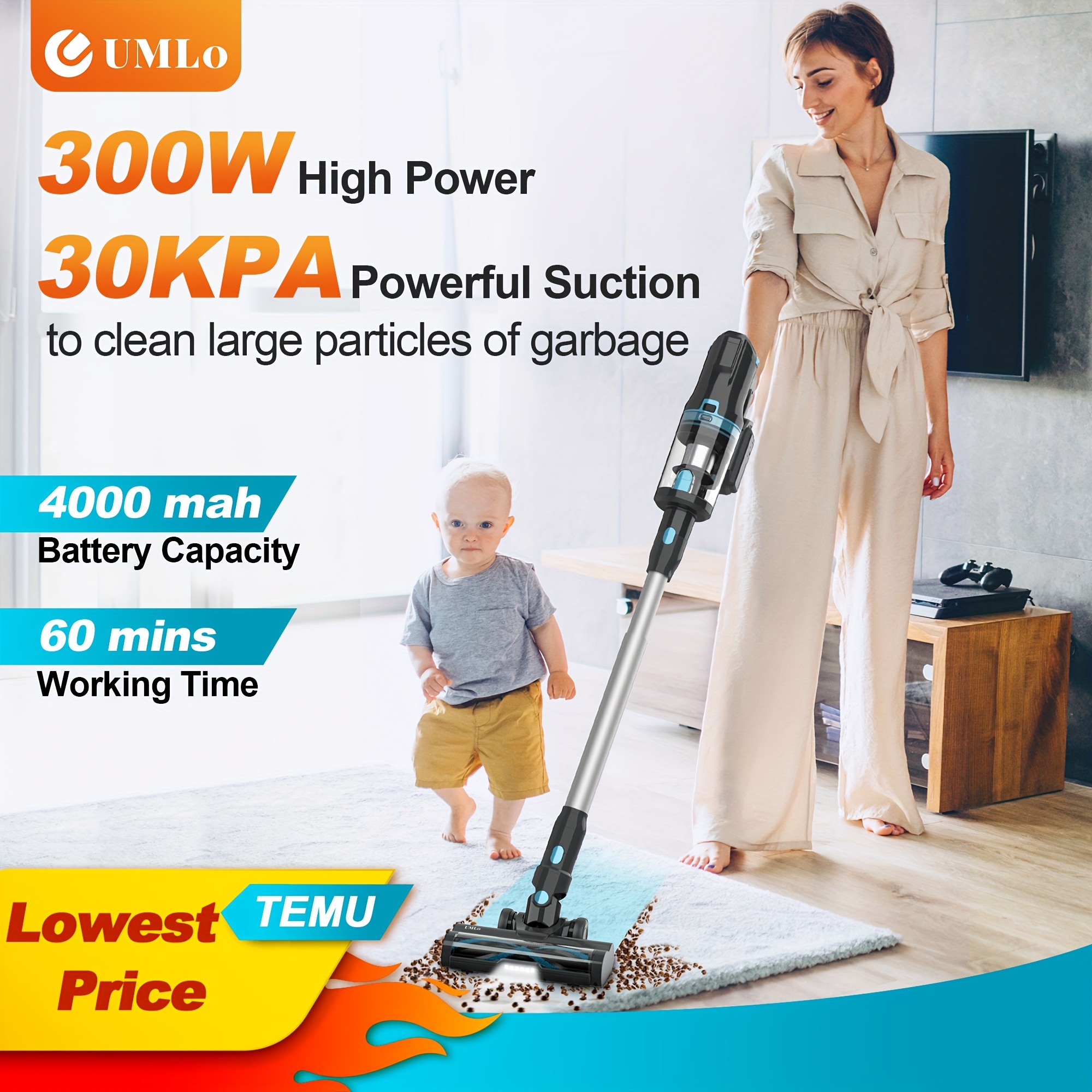 

Umlo V11 Cordless Vacuum Cleaner, Stick Vacuum With 300w 30kpa, 4000mah Rechargeable Battery Vacuum, Up To 60min Runtime, Powerful Suction, 8 In 1 Led Lightweight Vacuum For Pet Hair Carpet Hard Floor