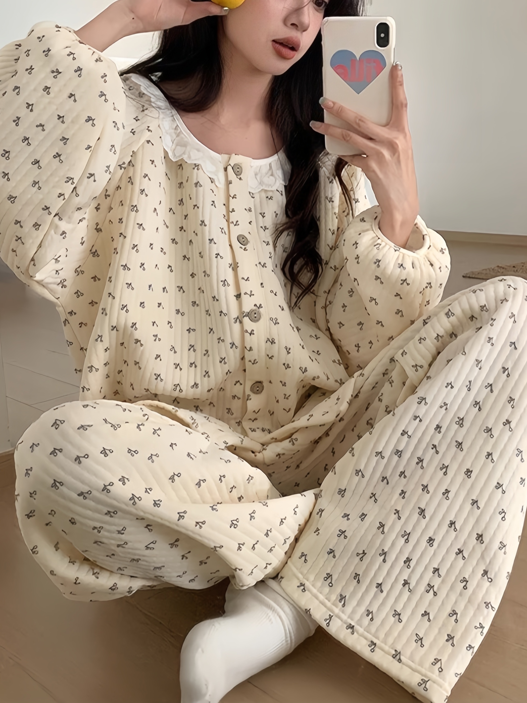 casual beige cherry print thickened autumn and winter pajama set lace decorated round neck long sleeve top elastic waist pants sweet and cute   wear