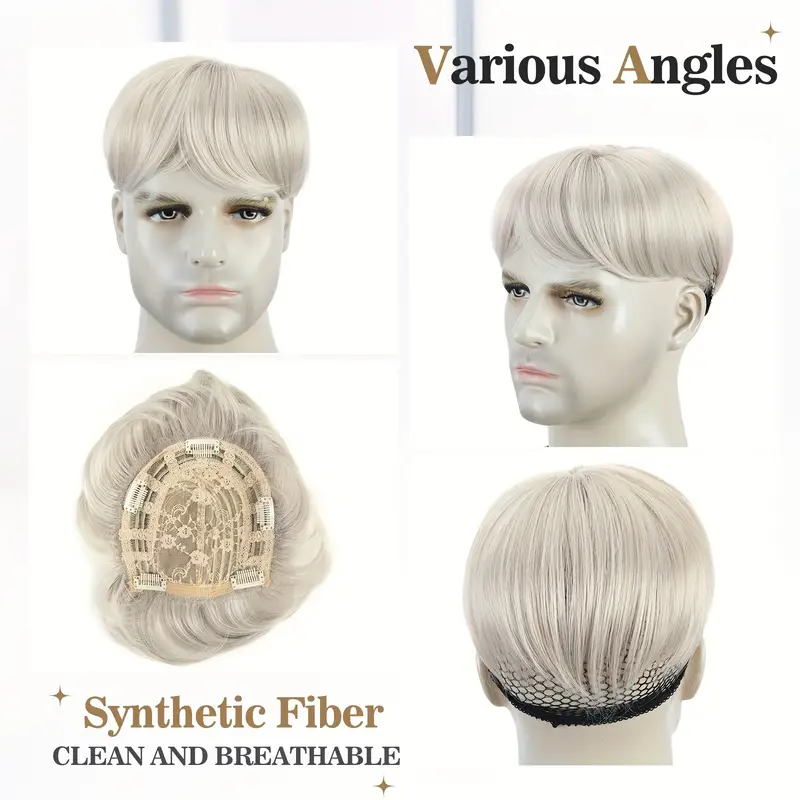 mens clip in short hair topper with grey highlights straight synthetic hairpiece with bangs breathable for thinning hair bald spot coverage volume boosting for men Product details 3