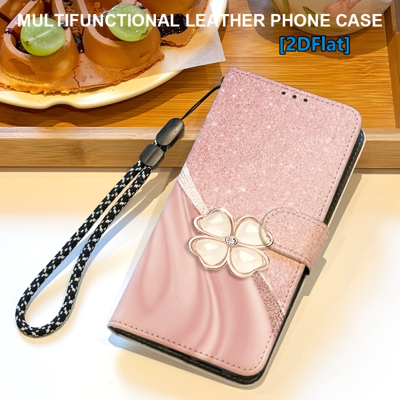 TEMU Telefoonhoesje: [2D Plat] Magnetisch Flip Portemonnee Telefoonhoesje met Kaartsleuf en Draagkoord, Gouden Bloemenpatroon, Geschikt voor for