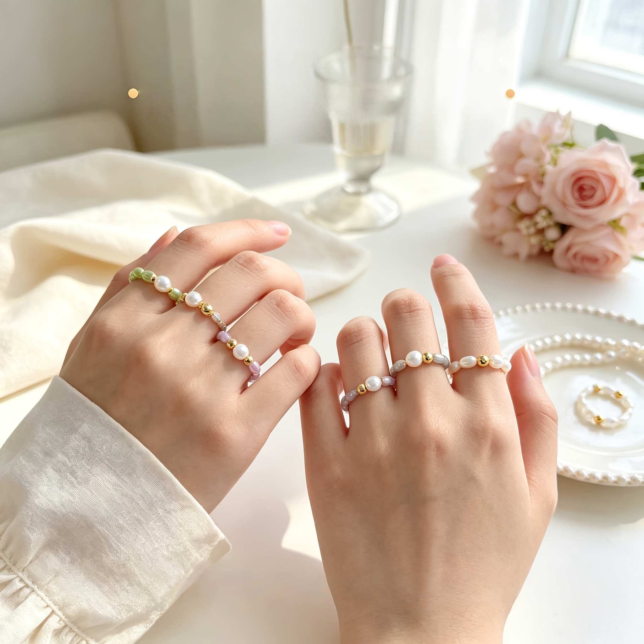 4pcs Elastic Beaded Women Ring Set with Gift Box, Friendship Gift