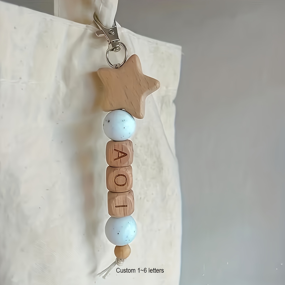 TEMU 1pc Customizable Wooden Name Keychain, Personalized Bag Charm With Single Star Heart Bead Decor, Back To School Christmas Halloween Mother's Day