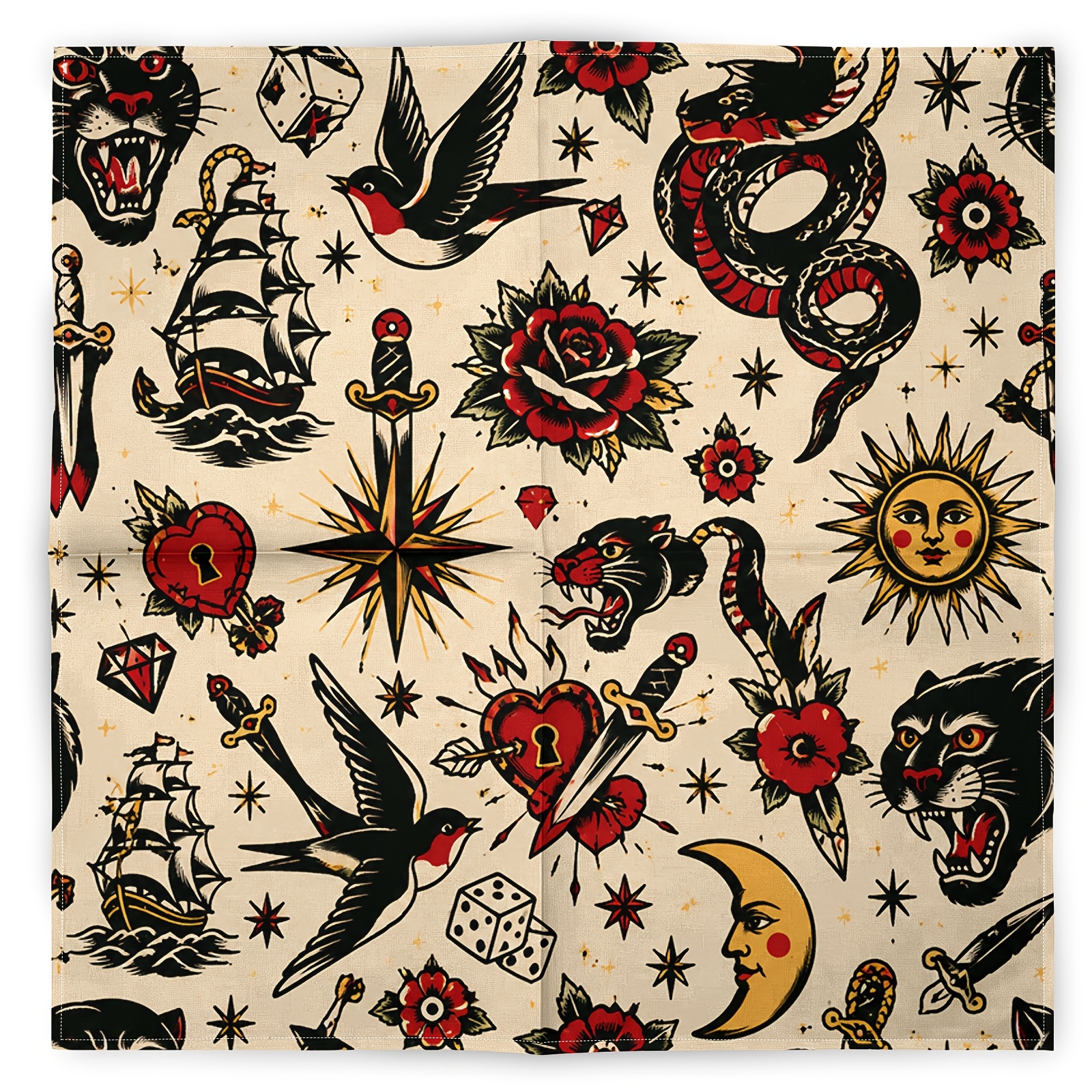 TEMU Retro American Traditional Tattoo Pattern Bandana, Hip-hop Fashion Headscarf, Vintage Stylish Scarf Necktie, Athletic Handkerchief Square Cloth,