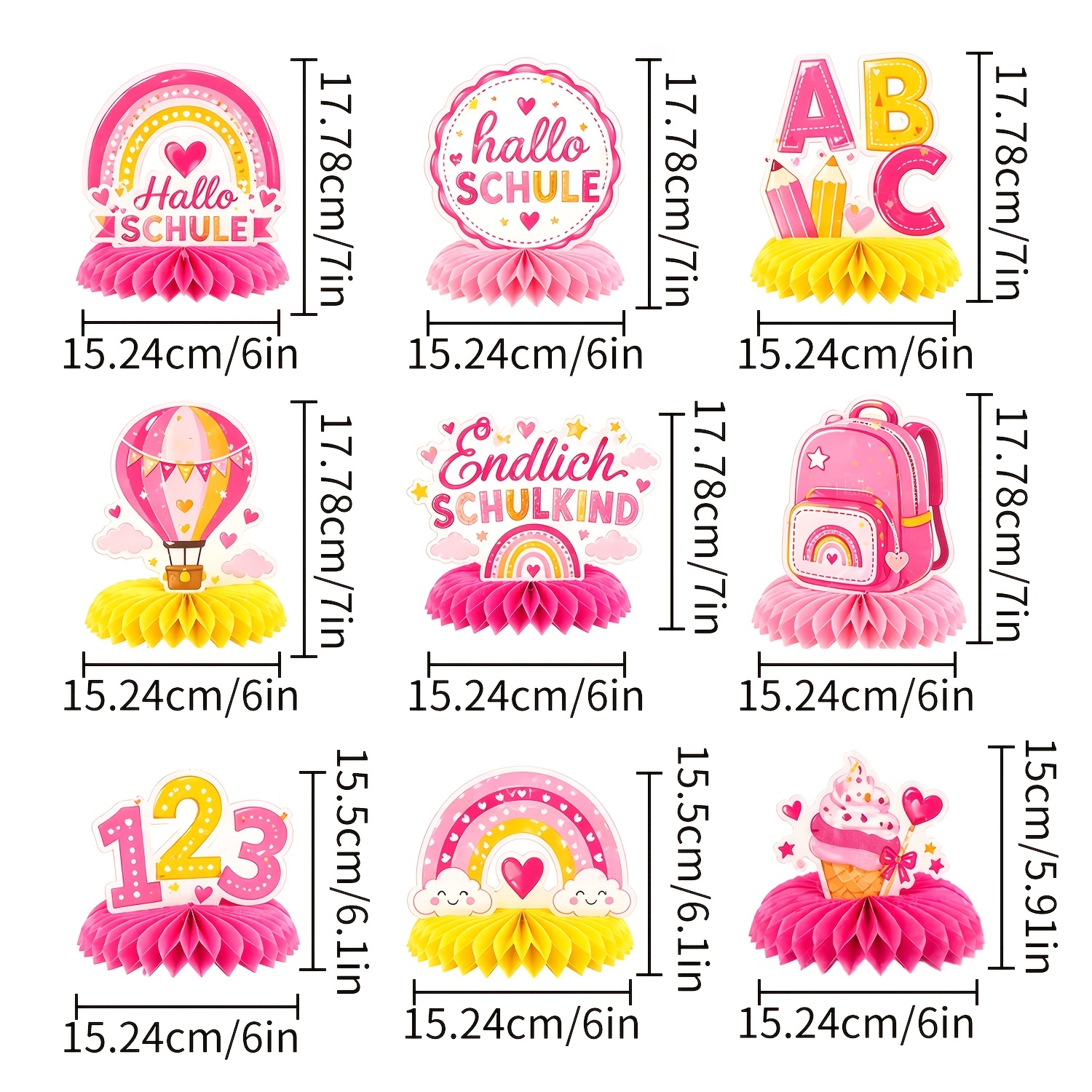 Centerpieces, 9pcs Set, Pink German Back-to-school Decorations, Pink Rainbow And School-themed Party Supplies, Decorated With "schulanfang" For Day Of School Halloween Christmas Halloween Christmas