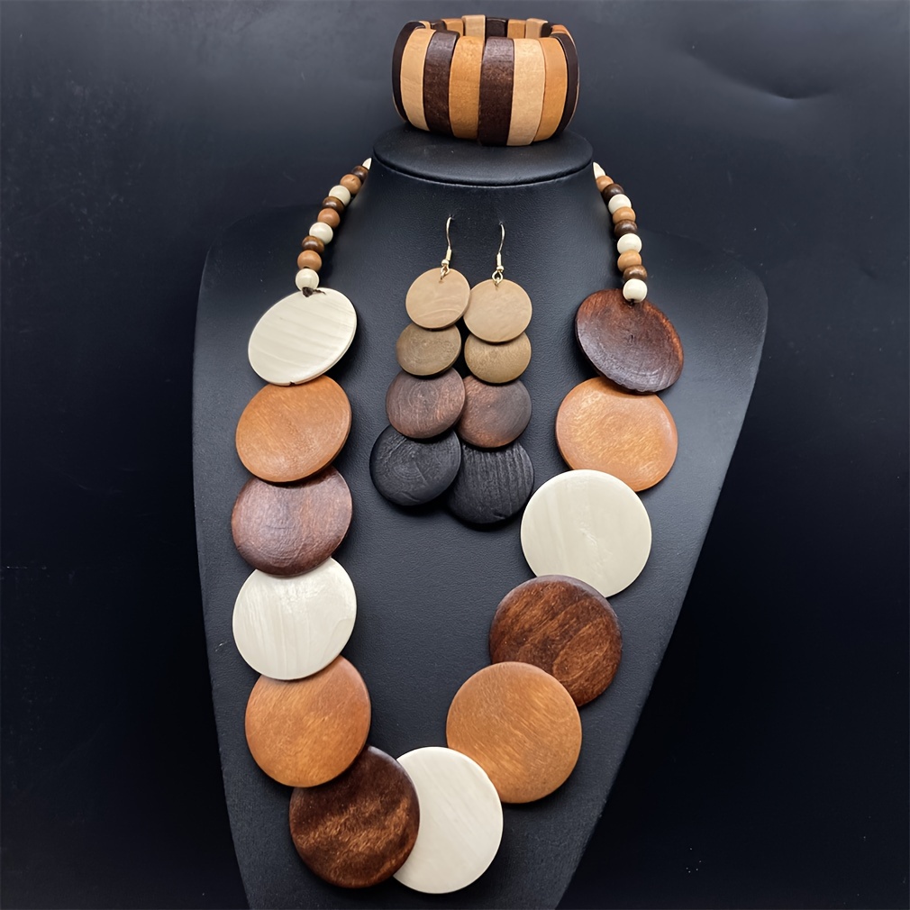 

Vintage Bohemian Wood Necklace And Earrings Set - No Plating, Handcrafted Wooden Jewelry For Daily And Vacation Wear, Versatile All-season Accessory