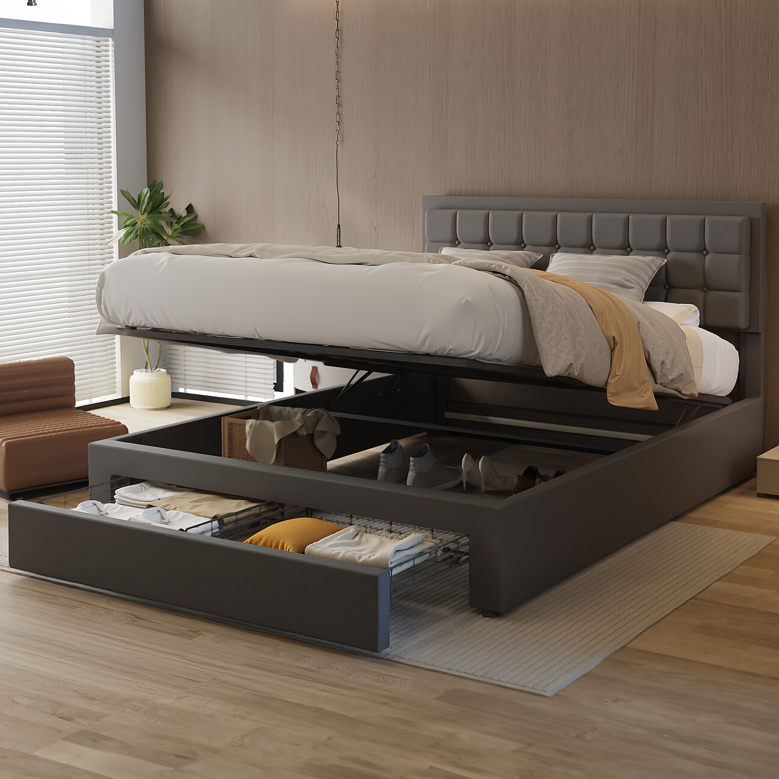 Upholstered Double Bed Frame, 140 X 200cm Storage Bed With Hydraulic Lever And Drawer, Large Storage Space, Lift Up Bed Frame