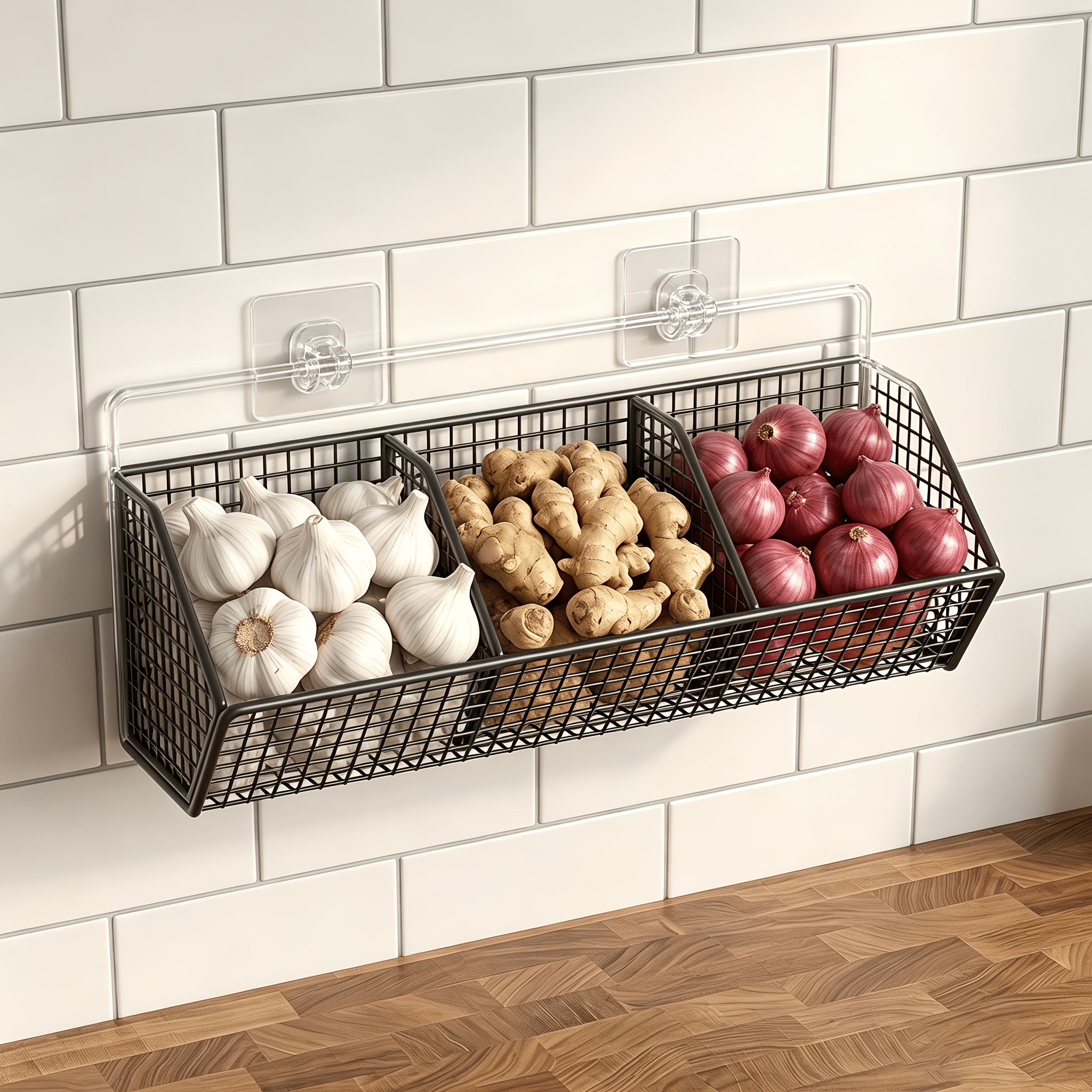 Image of 1pc No-punch Wall Storage Rack, Wrought Three-compartment Fruit And Vegetable Basket, Kitchen Onion Garlic Storage Basket, Seasoning Storage Basket, Sundries Storage Rack